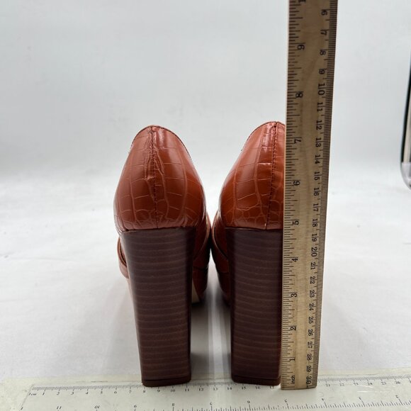 FOWT Brown Chunky Heel Loafer Square Toe High Heel Slip-on Crocodile-Text Pumps - Picture 5 of 8